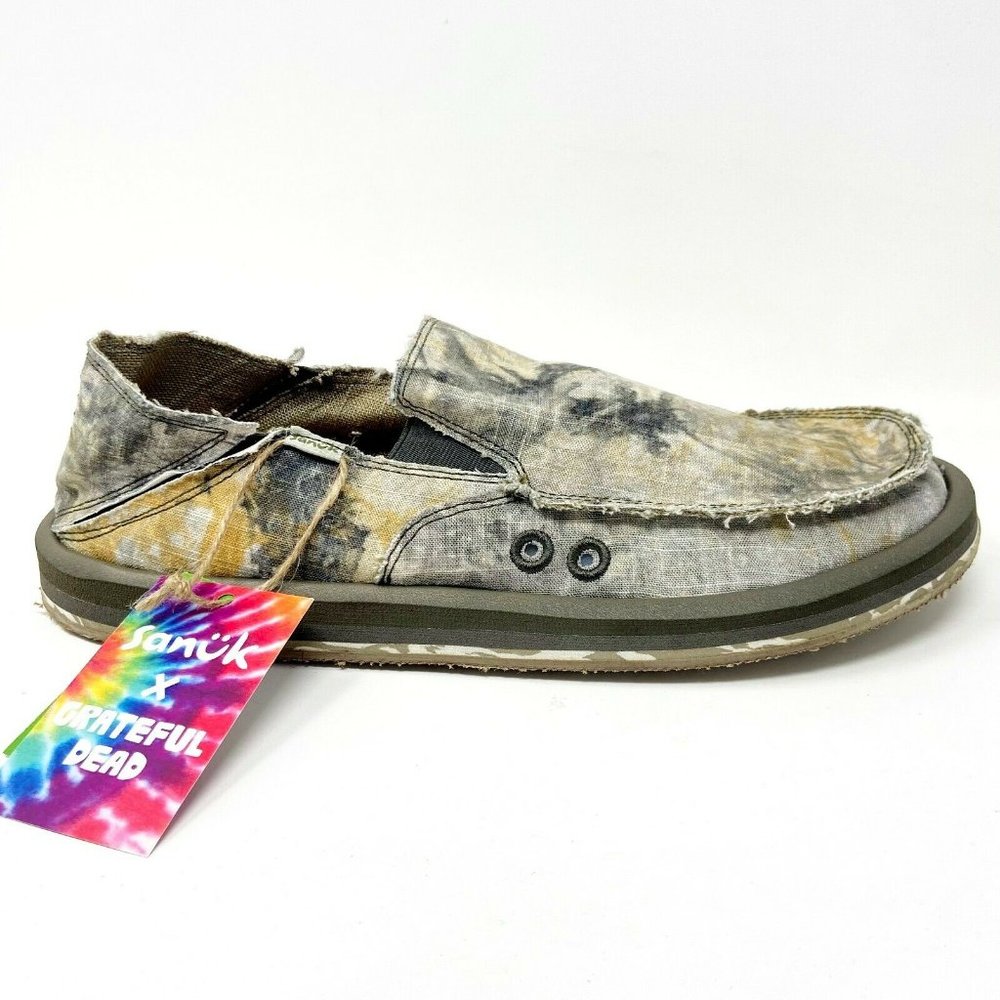 Sanuk Men's Tie-Dye Canvas Slip-On Loafers in Washed Gray and Tan - Picture 2 of 5